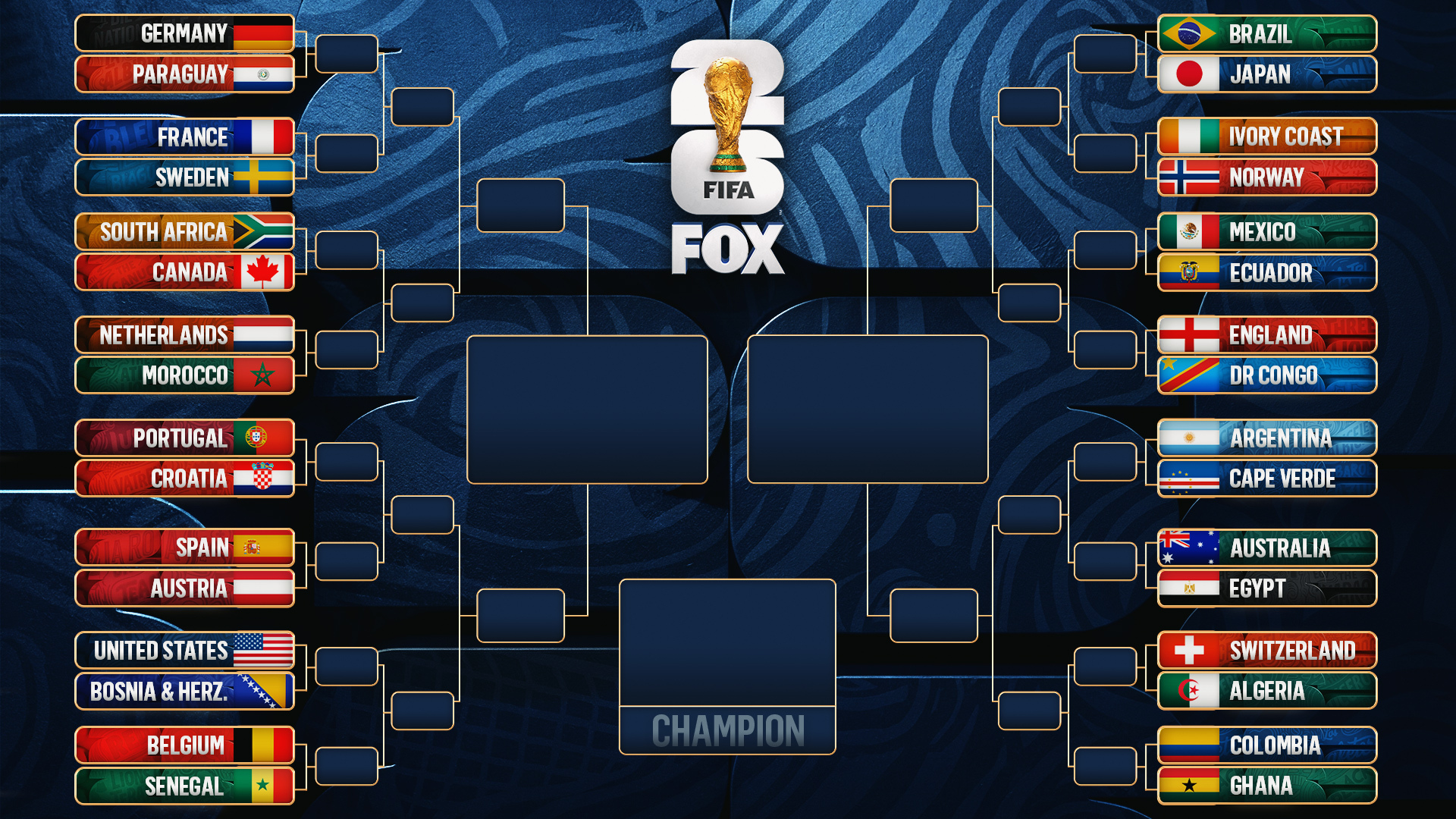 FIFA World Cup 2026 Round of 32 featuring Brazil vs Japan, Germany vs Paraguay, France vs Sweden, Canada and knockout stage fixtures.