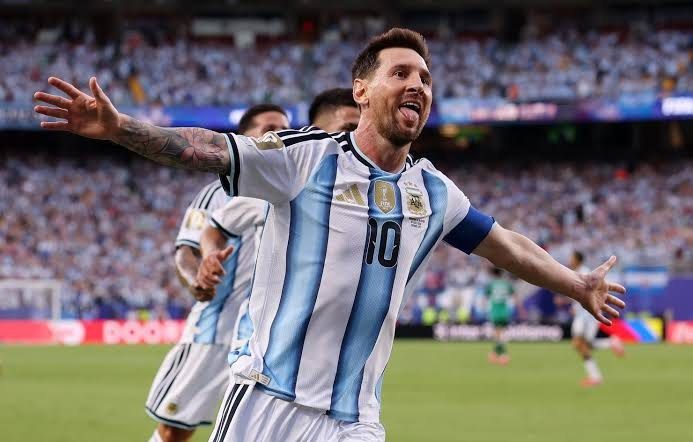 Lionel Messi celebrates after breaking the FIFA World Cup all-time goals record with 18 goals during the 2026 World Cup for Argentina.